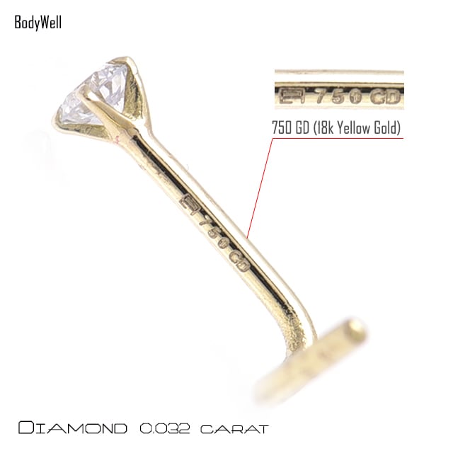 K18 鼻ピアス 20g ダイヤモンド 18金イエローゴールド 立爪 18K ノーズスクリュー 金属アレルギー対応 ボディピアス