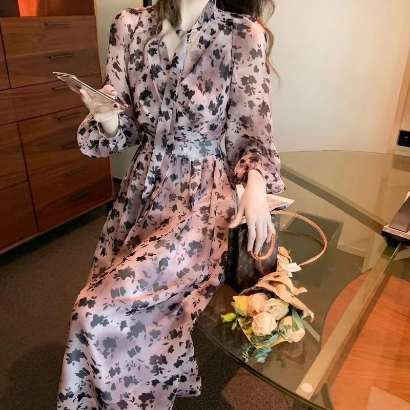 レディース レオパード柄 ワンピース ドレス シフォン カシュクール風 透け感 バイカラー ロング リボンタイ お呼ばれ パーティー 大人可愛い ママコーデ 韓国系 オルチャン 人気