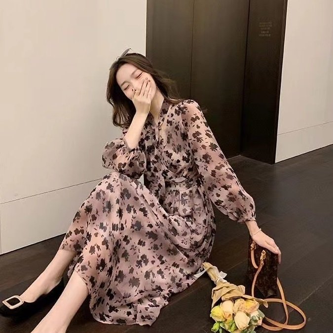 レディース レオパード柄 ワンピース ドレス シフォン カシュクール風 透け感 バイカラー ロング リボンタイ お呼ばれ パーティー 大人可愛い ママコーデ 韓国系 オルチャン 人気