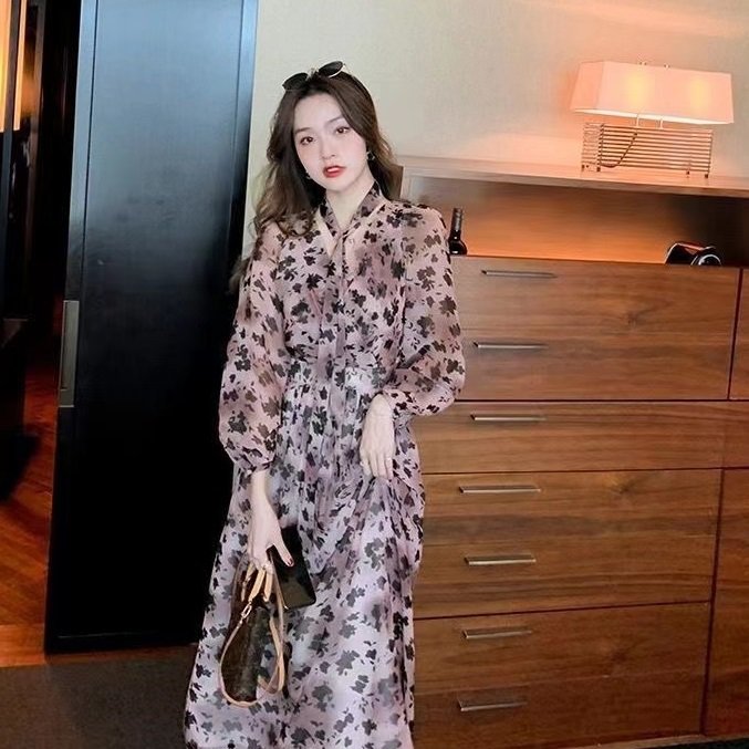 レディース レオパード柄 ワンピース ドレス シフォン カシュクール風 透け感 バイカラー ロング リボンタイ お呼ばれ パーティー 大人可愛い ママコーデ 韓国系 オルチャン 人気