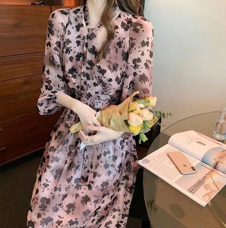 レディース レオパード柄 ワンピース ドレス シフォン カシュクール風 透け感 バイカラー ロング リボンタイ お呼ばれ パーティー 大人可愛い ママコーデ 韓国系 オルチャン 人気