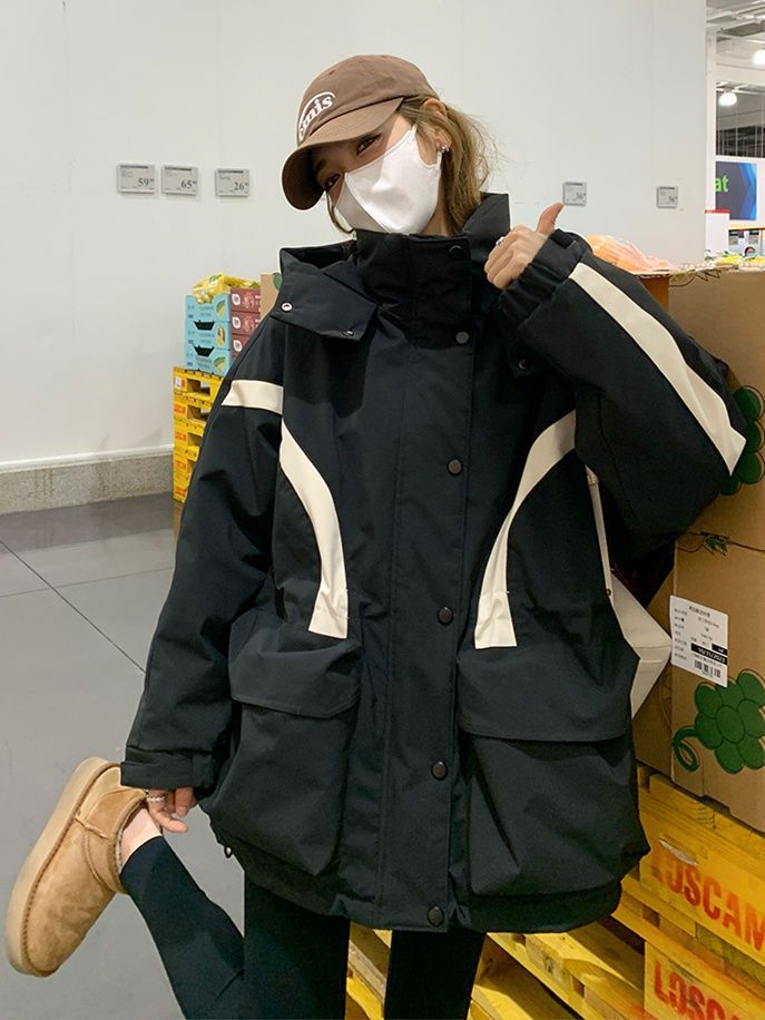 衝突色突撃服ダウンジャケット女2024新型冬韓版デザイン感工装帽子白鴨パイルコート潮