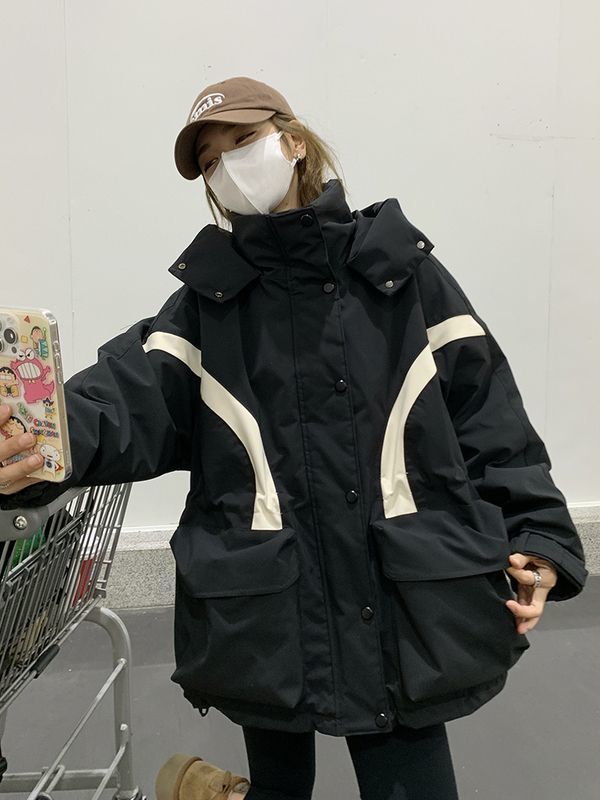 衝突色突撃服ダウンジャケット女2024新型冬韓版デザイン感工装帽子白鴨パイルコート潮