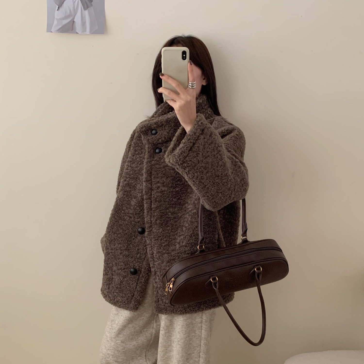 冬の新型韓国版洋気毛皮一体羊巻き毛立襟ゆるい単列ボタン綿服コート