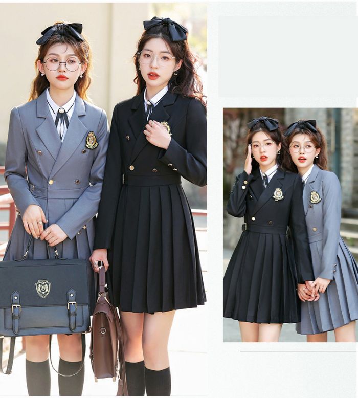 学生服 高校制服 アカデミック キャンパス 制服 女の子 先生 ワンピーススーツ 高校 制服 長袖 レディース ワンピース 高校生 制服 中学生 通学 卒業式 入学式 発表会 ブラック グレー S M