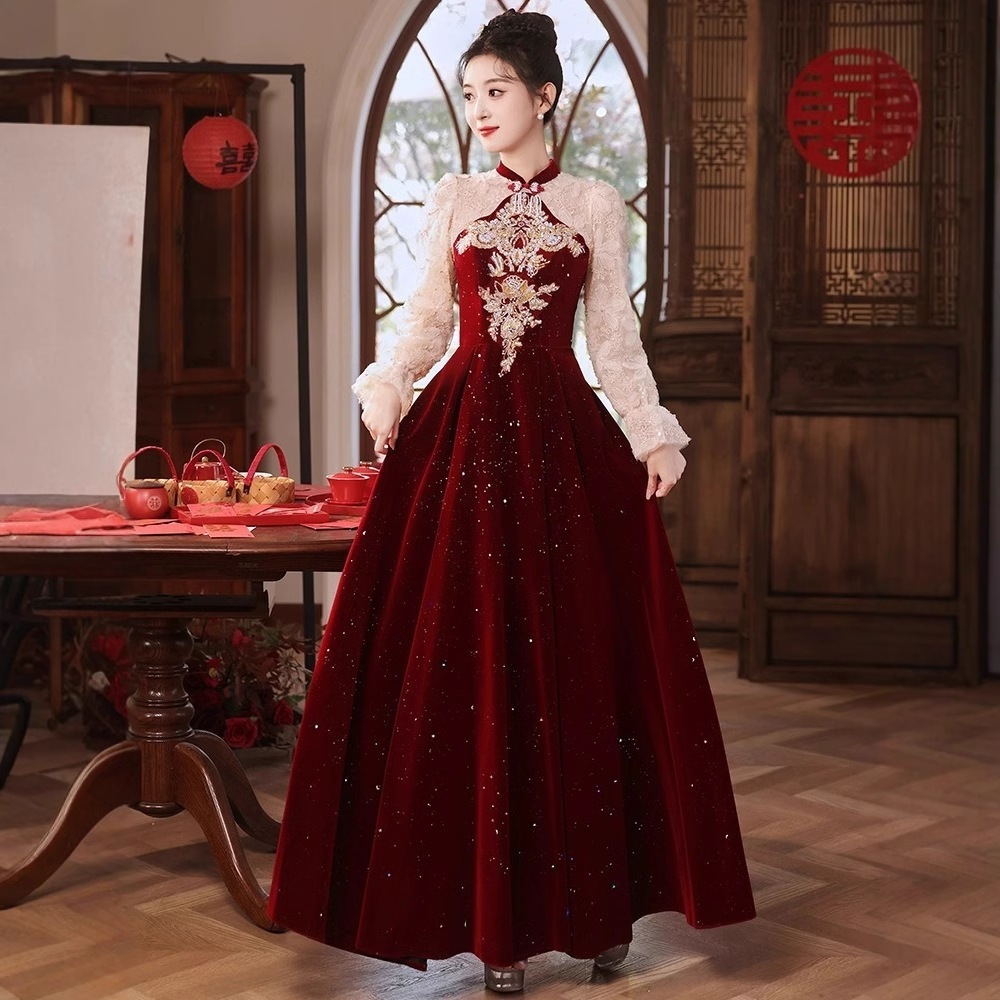 ミディアムドレス 卒業式ドレス パーティードレス 入学式 通気性 結婚式ドレス 中国風チャイナドレスの結婚式用ドレス新作花嫁用上品で高級感のある秋冬の赤いウェディングドレス_3