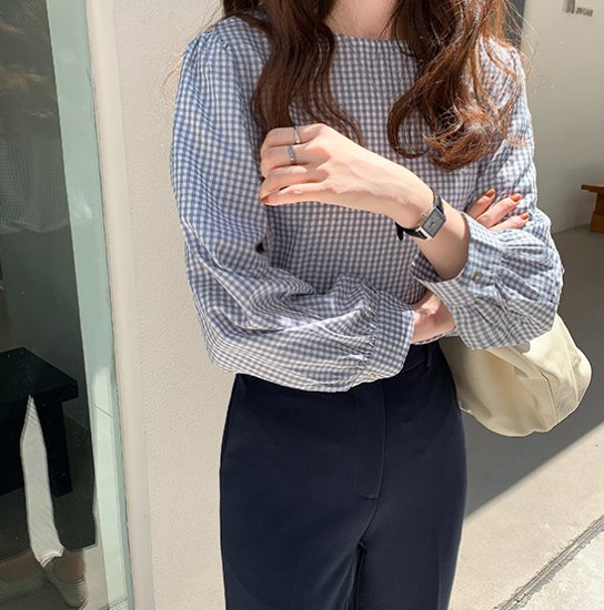 ブラウス レディース シャツ トップス 長袖 チェック柄 格子柄 ラウンドネック カジュアル お出かけ おしゃれ 長袖 プルオーバー 春夏 ブラック グレー ネイビー 長袖ブラウス フリーサイズ