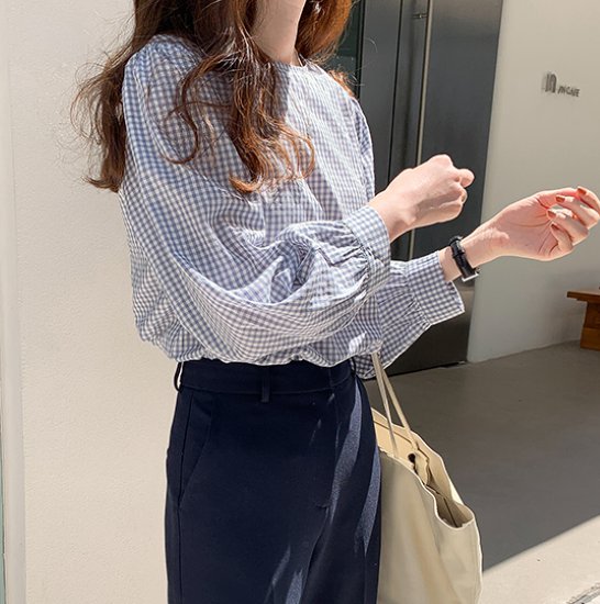 ブラウス レディース シャツ トップス 長袖 チェック柄 格子柄 ラウンドネック カジュアル お出かけ おしゃれ 長袖 プルオーバー 春夏 ブラック グレー ネイビー 長袖ブラウス フリーサイズ