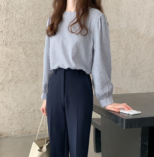 ブラウス レディース シャツ トップス 長袖 チェック柄 格子柄 ラウンドネック カジュアル お出かけ おしゃれ 長袖 プルオーバー 春夏 ブラック グレー ネイビー 長袖ブラウス フリーサイズ