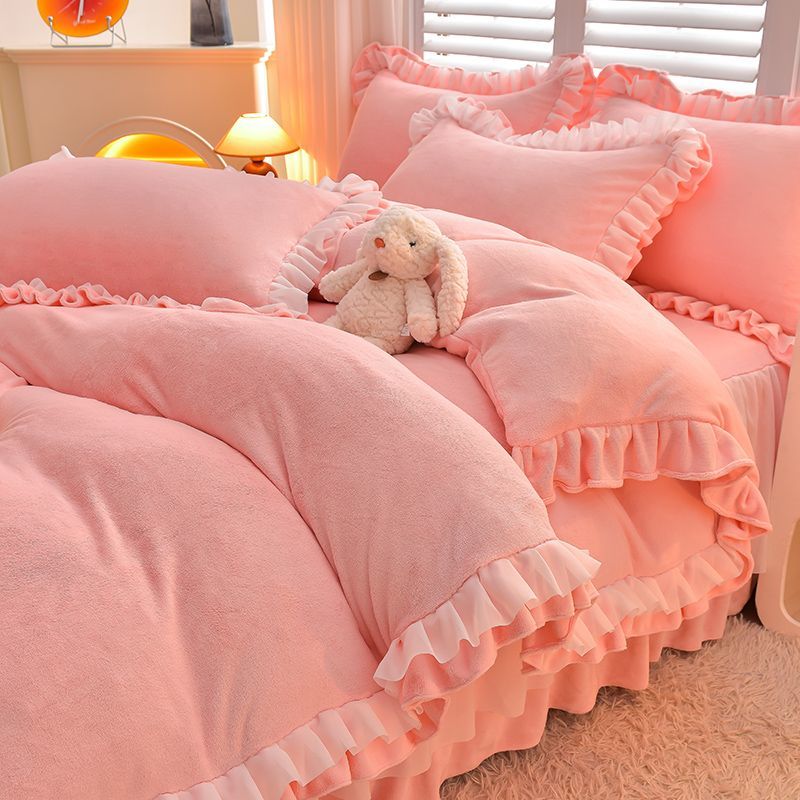 厚手ミルクベルベット4ピースベッドスカートレース冬コーラルベルベットシーツキルトカバー両面フランネル寝具