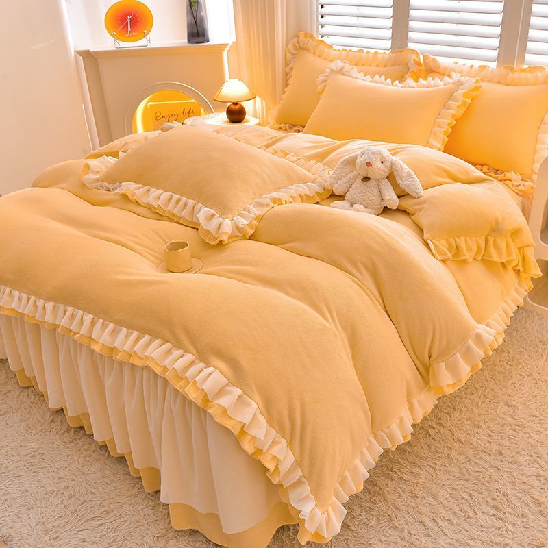 厚手ミルクベルベット4ピースベッドスカートレース冬コーラルベルベットシーツキルトカバー両面フランネル寝具
