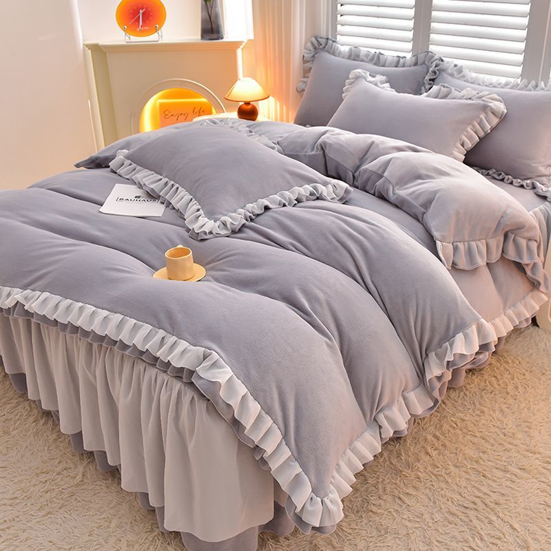 厚手ミルクベルベット4ピースベッドスカートレース冬コーラルベルベットシーツキルトカバー両面フランネル寝具