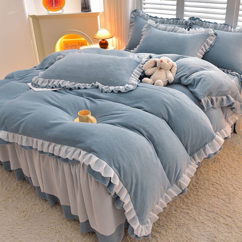 厚手ミルクベルベット4ピースベッドスカートレース冬コーラルベルベットシーツキルトカバー両面フランネル寝具