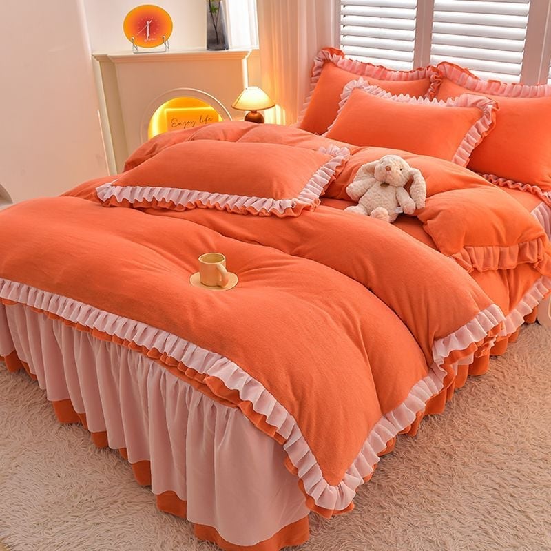 厚手ミルクベルベット4ピースベッドスカートレース冬コーラルベルベットシーツキルトカバー両面フランネル寝具