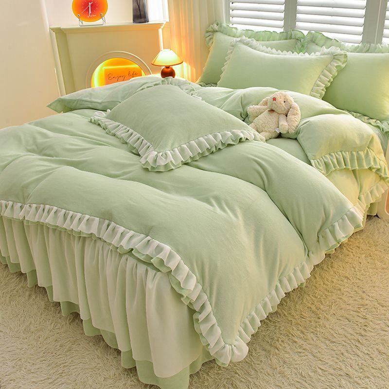 厚手ミルクベルベット4ピースベッドスカートレース冬コーラルベルベットシーツキルトカバー両面フランネル寝具