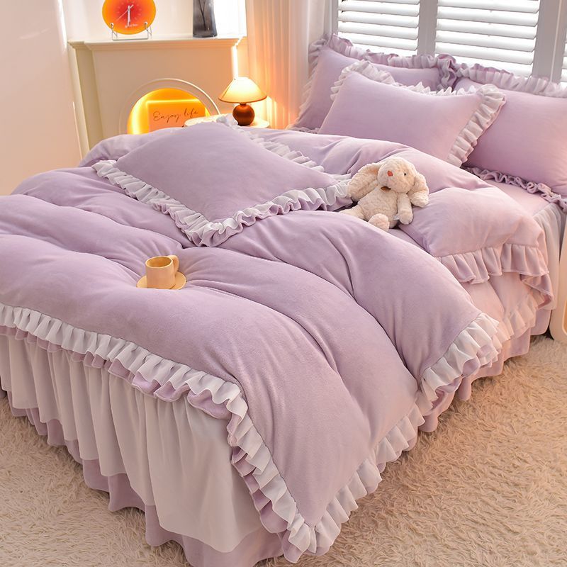 厚手ミルクベルベット4ピースベッドスカートレース冬コーラルベルベットシーツキルトカバー両面フランネル寝具