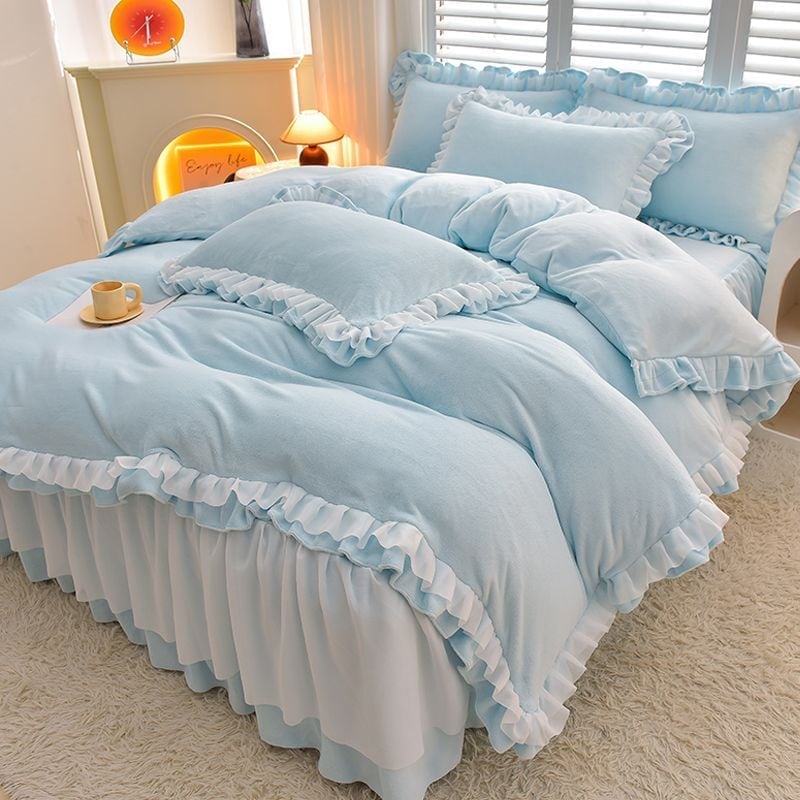 厚手ミルクベルベット4ピースベッドスカートレース冬コーラルベルベットシーツキルトカバー両面フランネル寝具