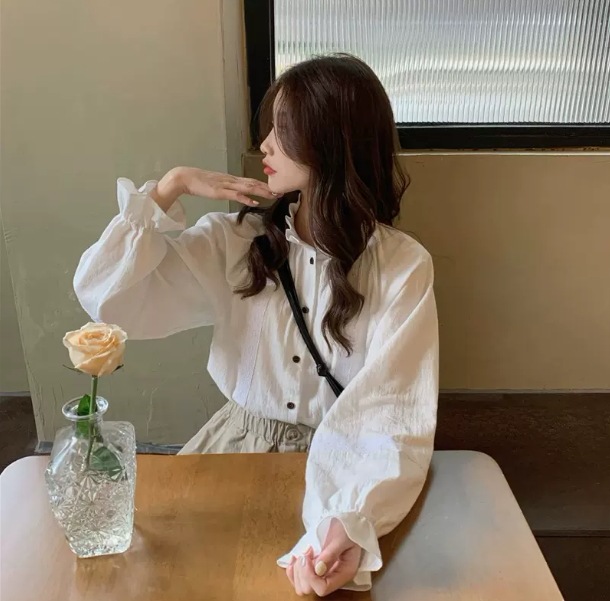 トップス スカート ブラウス 袖あり 長袖 襟付き スタンドカラー デザイン ボタン トリム 美ライン ニュアンス ラッフル レース 刺繍 カラバリ ロマンチック かわいい 大人可愛い きれいめ