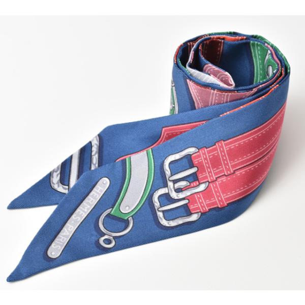 ツイリー スカーフ HERMES シルクツイル ベルトモチーフ ブルーマルチ