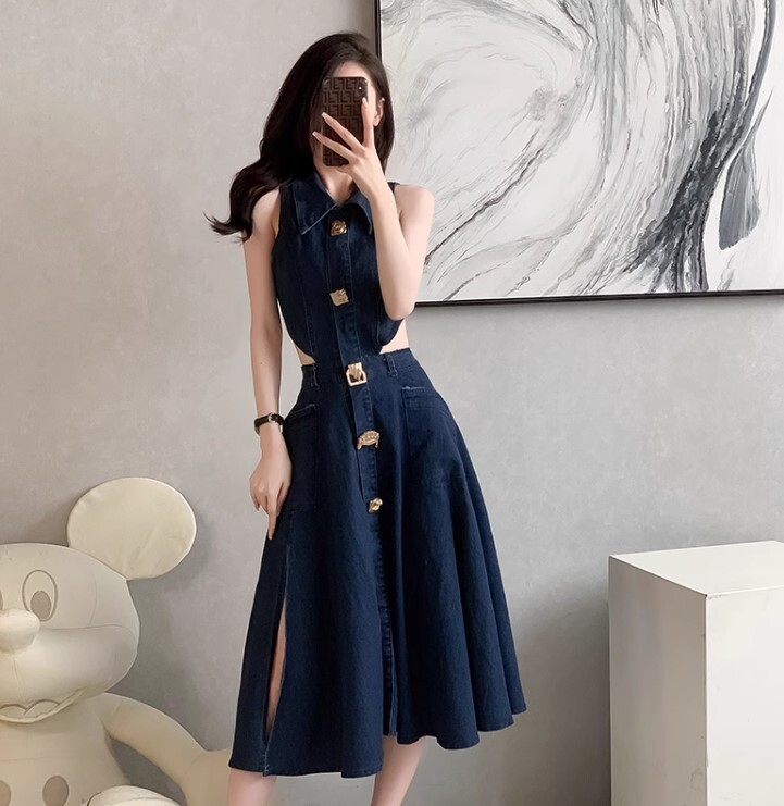 アシンメトリーデニムワンピース+フリンジジャガードノースリーブ