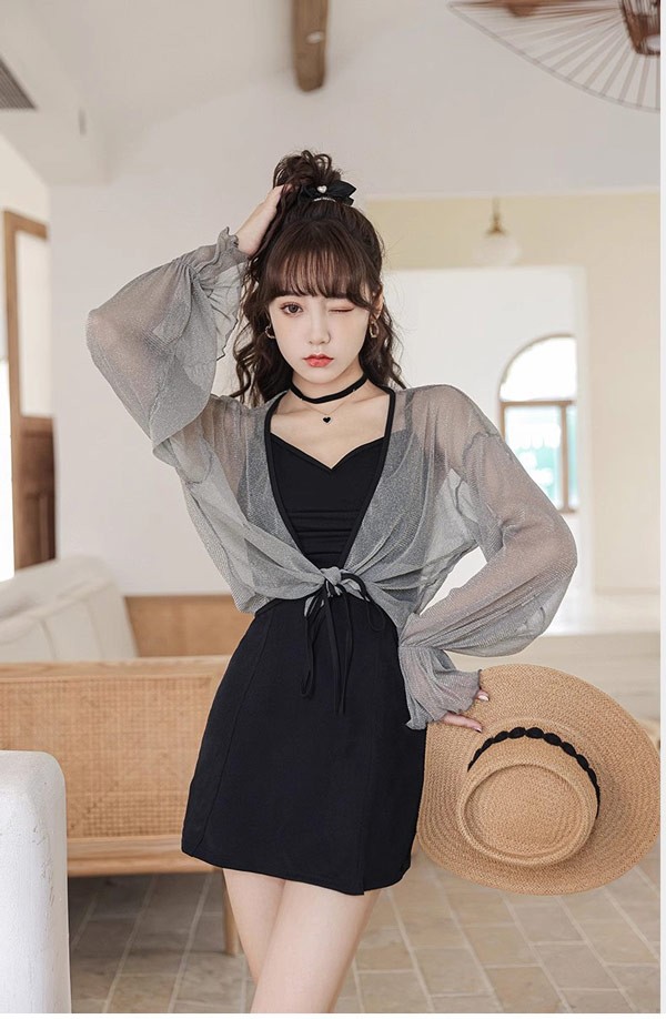 ワンピース水着 服みたいな 水着 3点セット 長袖 リボン ワイヤーなし パッド付 レディース 着瘦せ シンプル 写真映え 撮影用 海 夏 サマー プール リゾート かわいい オシャレ 旅行 温泉 大