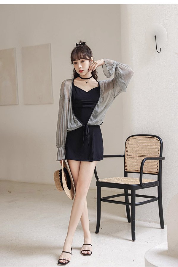 ワンピース水着 服みたいな 水着 3点セット 長袖 リボン ワイヤーなし パッド付 レディース 着瘦せ シンプル 写真映え 撮影用 海 夏 サマー プール リゾート かわいい オシャレ 旅行 温泉 大