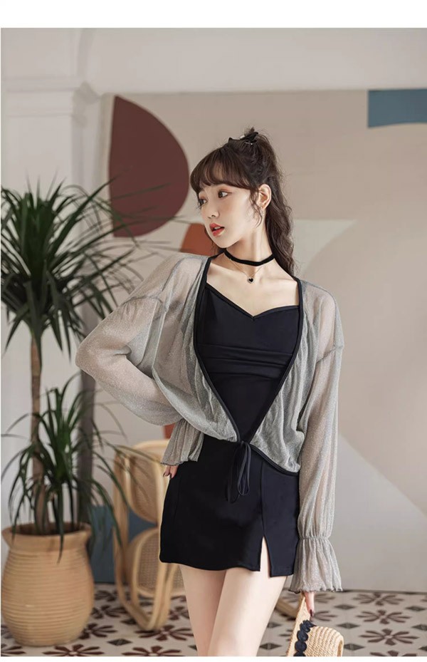 ワンピース水着 服みたいな 水着 3点セット 長袖 リボン ワイヤーなし パッド付 レディース 着瘦せ シンプル 写真映え 撮影用 海 夏 サマー プール リゾート かわいい オシャレ 旅行 温泉 大