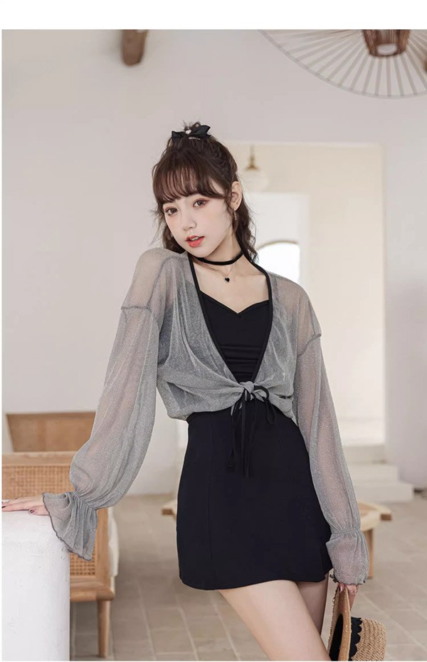 ワンピース水着 服みたいな 水着 3点セット 長袖 リボン ワイヤーなし パッド付 レディース 着瘦せ シンプル 写真映え 撮影用 海 夏 サマー プール リゾート かわいい オシャレ 旅行 温泉 大