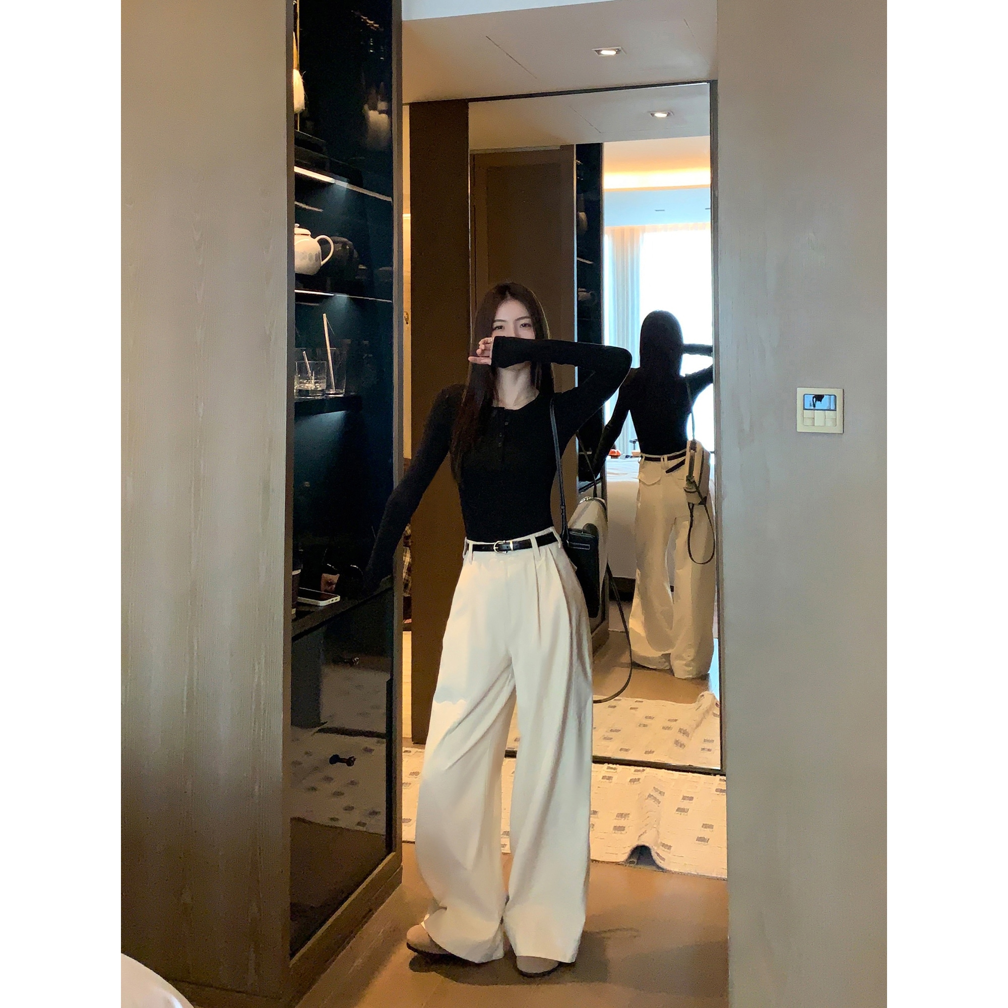 ゆったりワイドパンツ女性垂れ下がった感の筒モップパンツハイウエストで痩せて見えるカジュアルパンツ