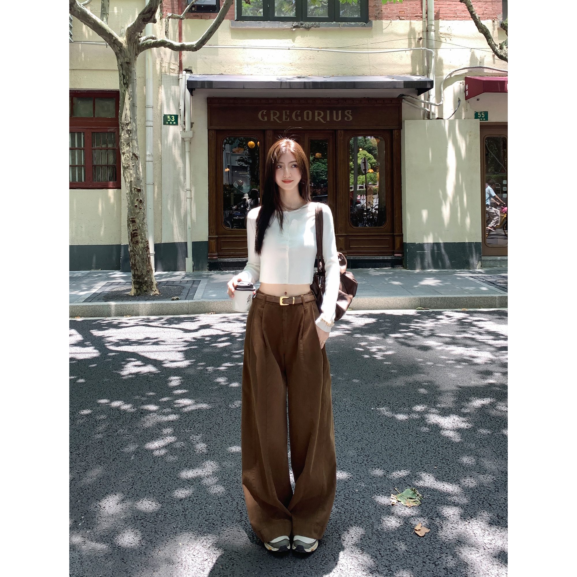 ゆったりワイドパンツ女性垂れ下がった感の筒モップパンツハイウエストで痩せて見えるカジュアルパンツ