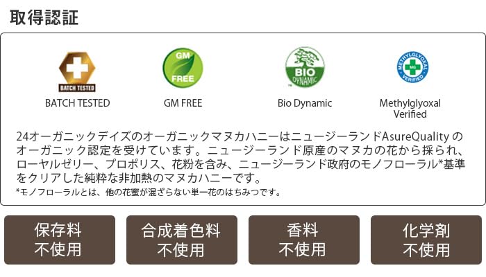 24 Organic Days マヌカハニー 国内正規品 オーガニック Mg50+ 250g 24MHOMH50+ 蜂蜜 無添加 24 Organic Days マヌカハニー 国内正規品 オーガニック Mg50+ 250g 24MHOMH50+ 蜂蜜 無添加