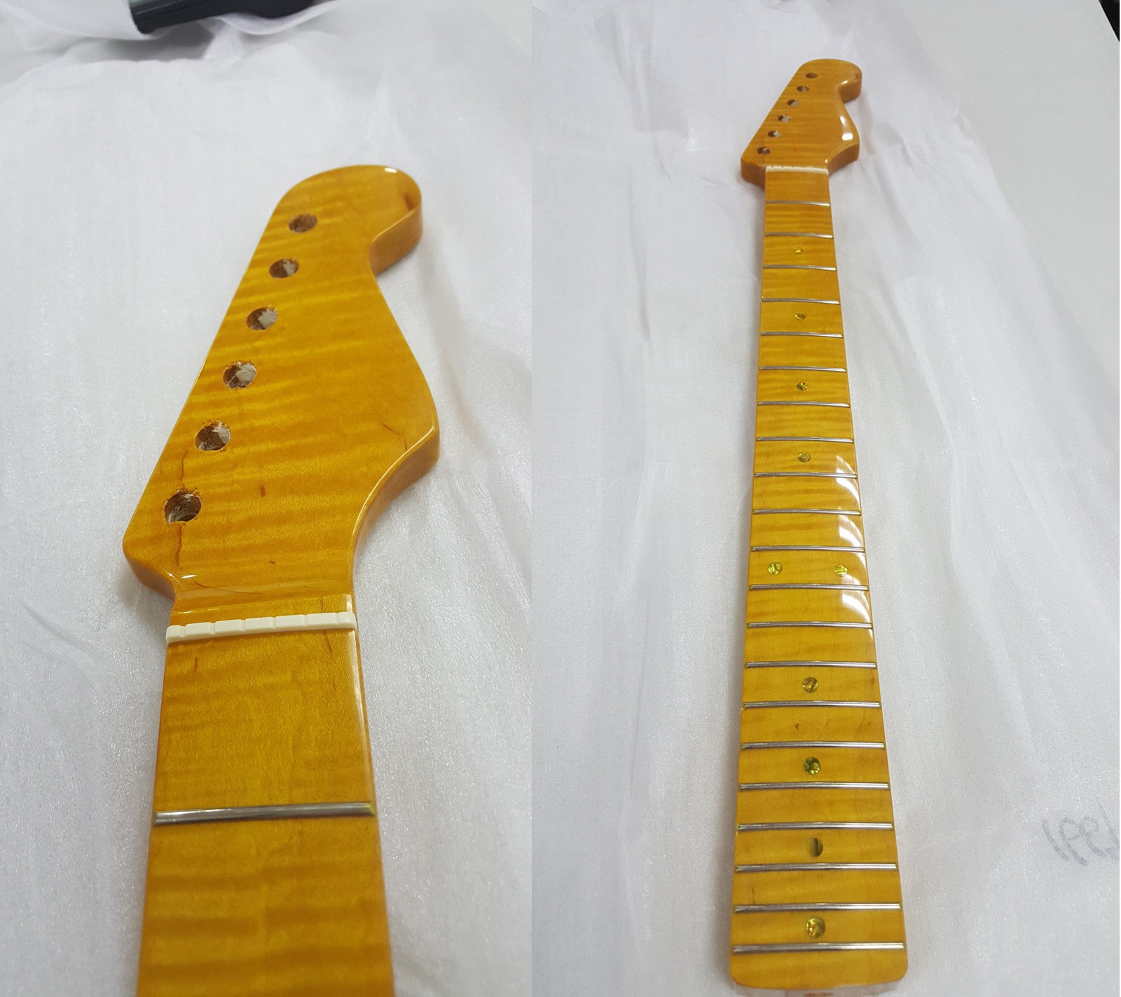 トラ杢メイプルネック STストラトタイプ交換用ネック ギターパーツ ギターネック トラ杢ネック 21フレット グロス　MU1669