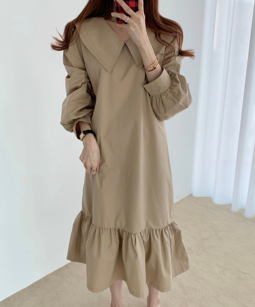 ワンピース 膝下 ミモレ ミモレ丈 袖あり 長袖 Vネック 襟付き Aライン かわいい 大人可愛い きれいめ シンプル カジュアル 大人 おしゃれ お洒落 大人女子 こなれ感 ラフ キュート 無地