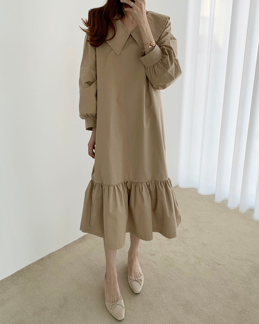 ワンピース 膝下 ミモレ ミモレ丈 袖あり 長袖 Vネック 襟付き Aライン かわいい 大人可愛い きれいめ シンプル カジュアル 大人 おしゃれ お洒落 大人女子 こなれ感 ラフ キュート 無地