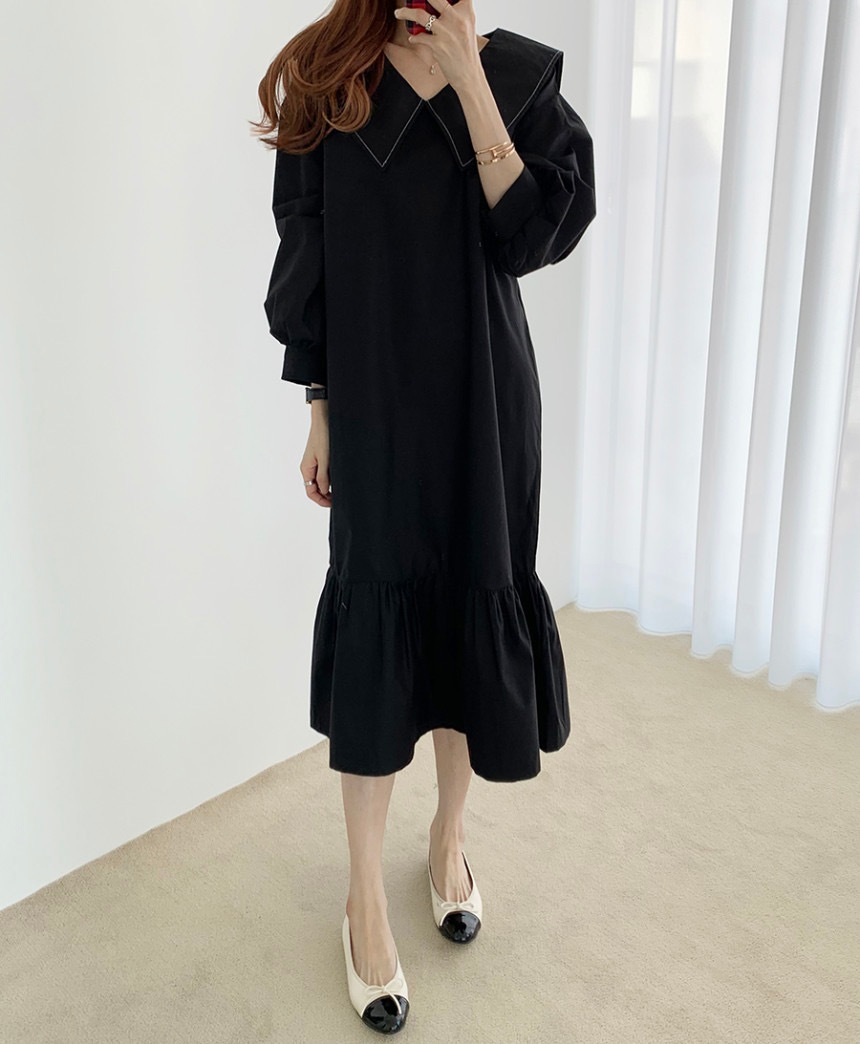 ワンピース 膝下 ミモレ ミモレ丈 袖あり 長袖 Vネック 襟付き Aライン かわいい 大人可愛い きれいめ シンプル カジュアル 大人 おしゃれ お洒落 大人女子 こなれ感 ラフ キュート 無地