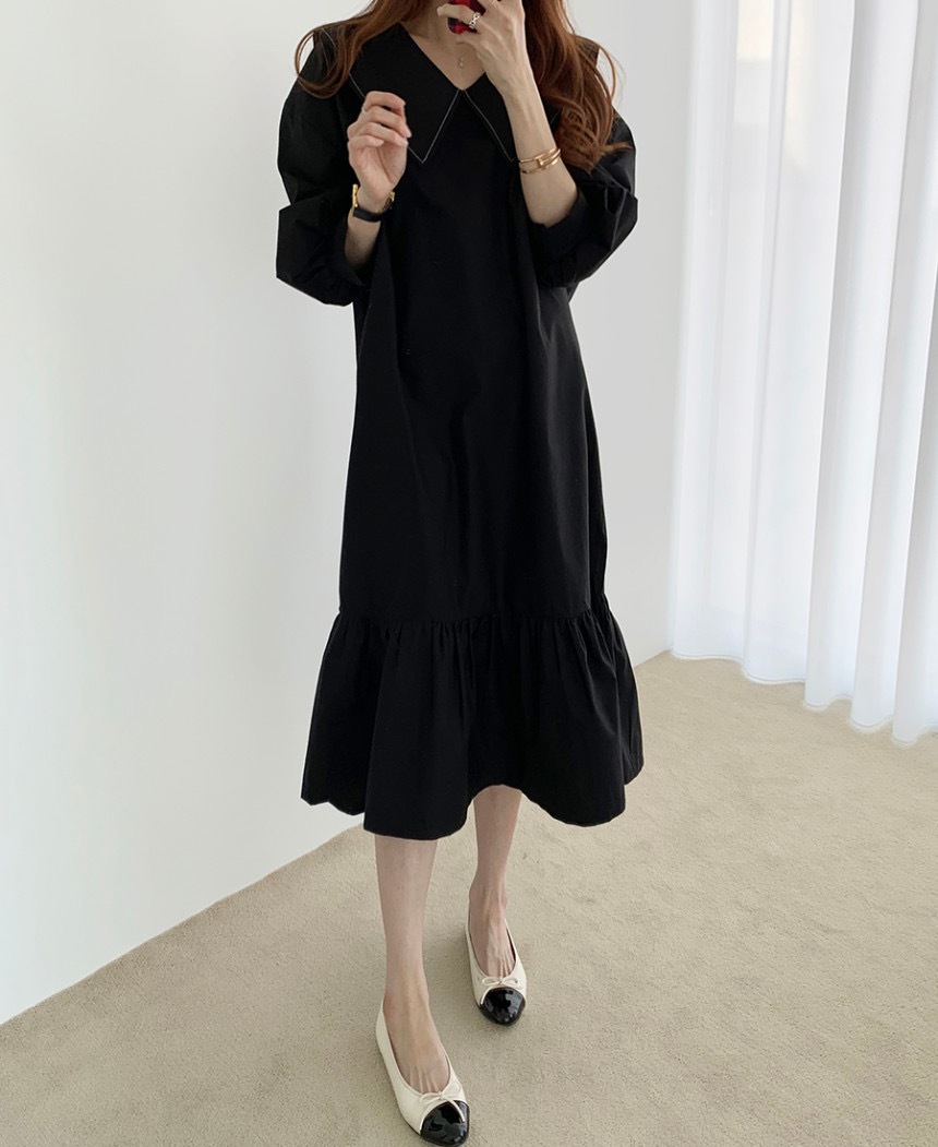 ワンピース 膝下 ミモレ ミモレ丈 袖あり 長袖 Vネック 襟付き Aライン かわいい 大人可愛い きれいめ シンプル カジュアル 大人 おしゃれ お洒落 大人女子 こなれ感 ラフ キュート 無地