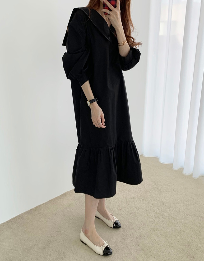 ワンピース 膝下 ミモレ ミモレ丈 袖あり 長袖 Vネック 襟付き Aライン かわいい 大人可愛い きれいめ シンプル カジュアル 大人 おしゃれ お洒落 大人女子 こなれ感 ラフ キュート 無地