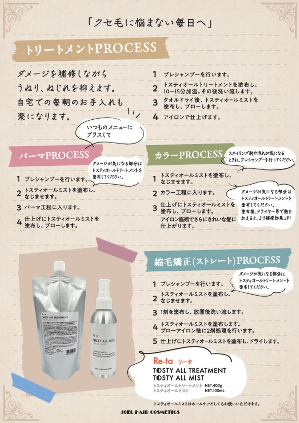 トステア配合 髪質改善 ダメージケアシステム Re-taトスティオールトリートメント400g ＆ Re-taオールミスト130ml セット販売　くせ毛 ハリ・コシ