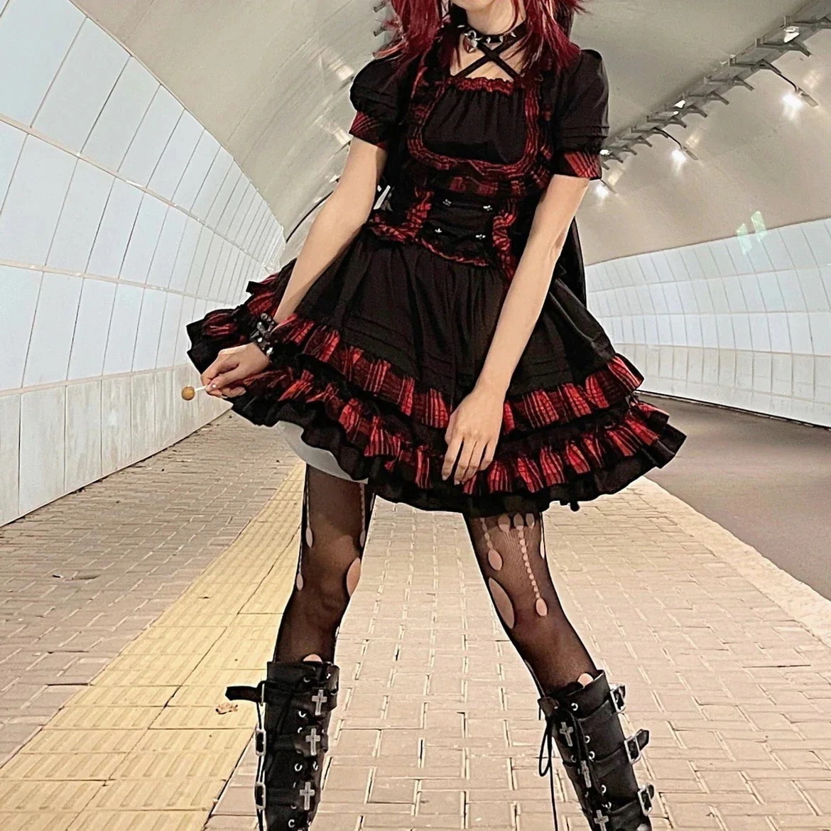 韓国マッシュクール パンクキャット＊パンクロックロリータスプリット2点セットメイド服 洋装