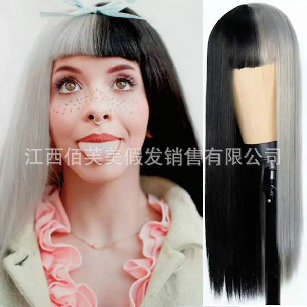 Qoo10] かつら女長直髪陰陽色半分黒半分グレー化学