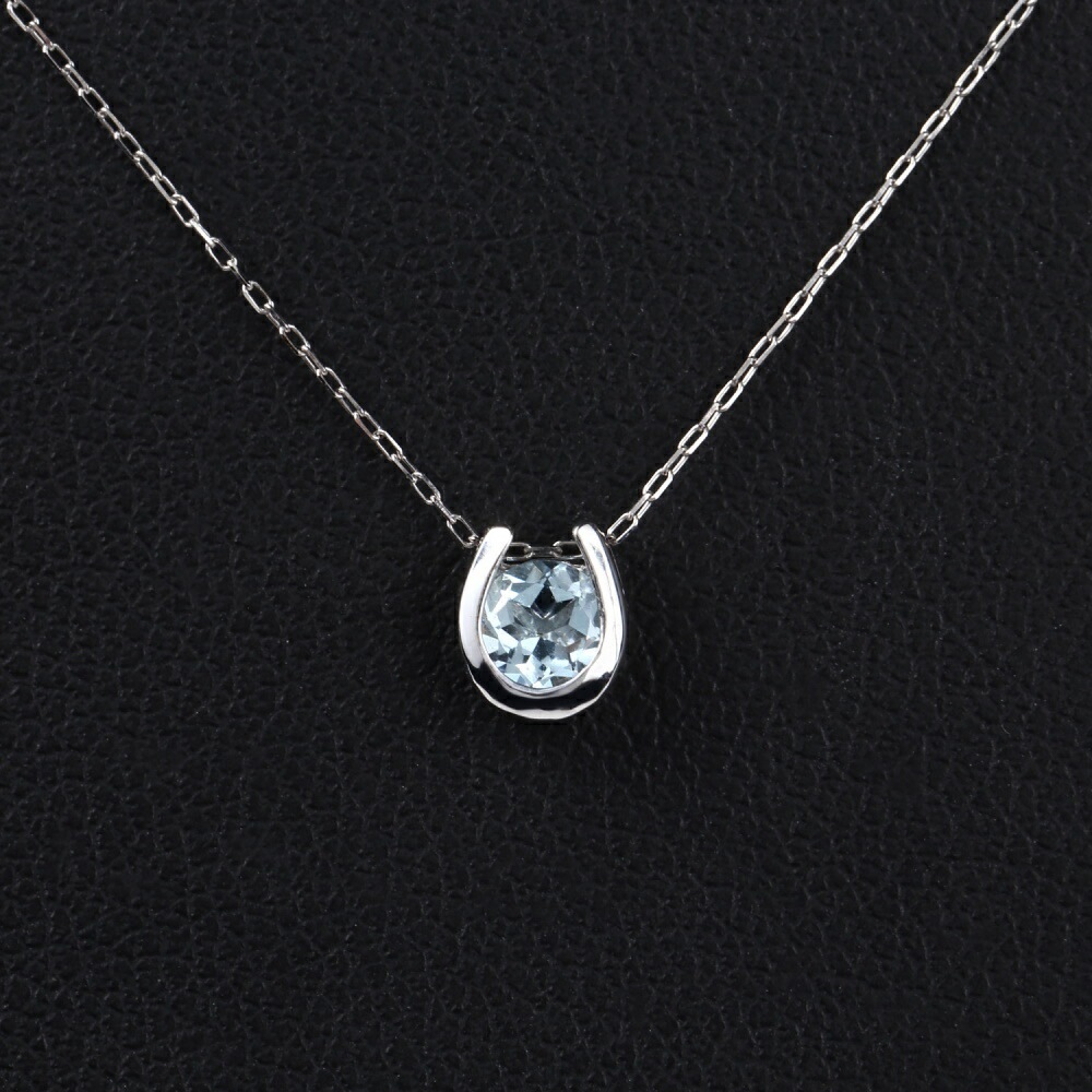 18金 ネックレス アクアマリン 0.2ct 一粒 馬蹄 幸運を運ぶ クローバー デザイン ホースシ
