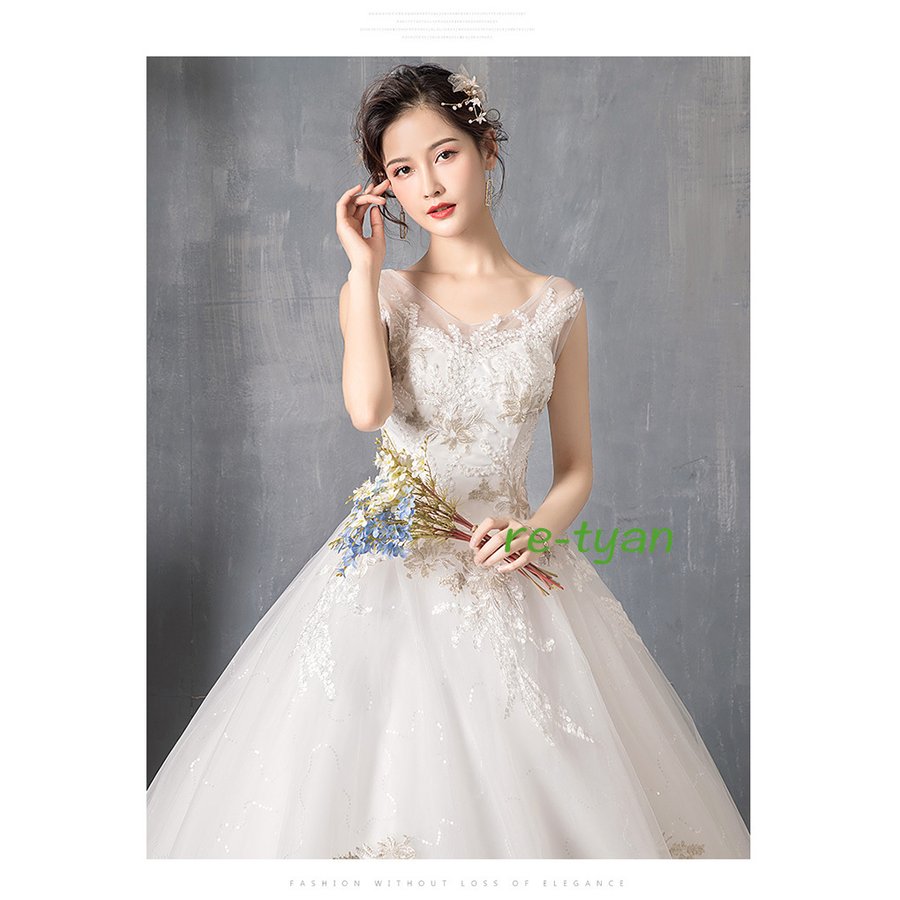 ウェディングドレス安い 結婚式二次会花嫁 ホワイト プリンセスドレス 白 ロングドレス 披露宴 編み