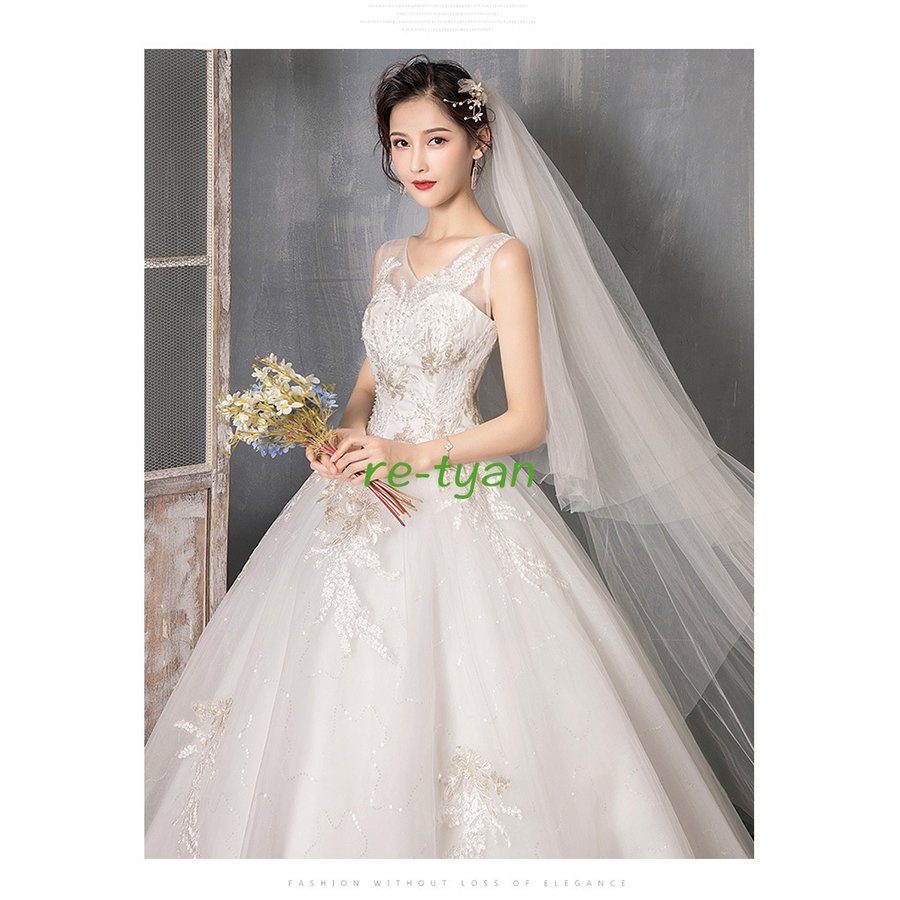 ウェディングドレス安い 結婚式二次会花嫁 ホワイト プリンセスドレス 白 ロングドレス 披露宴 編み
