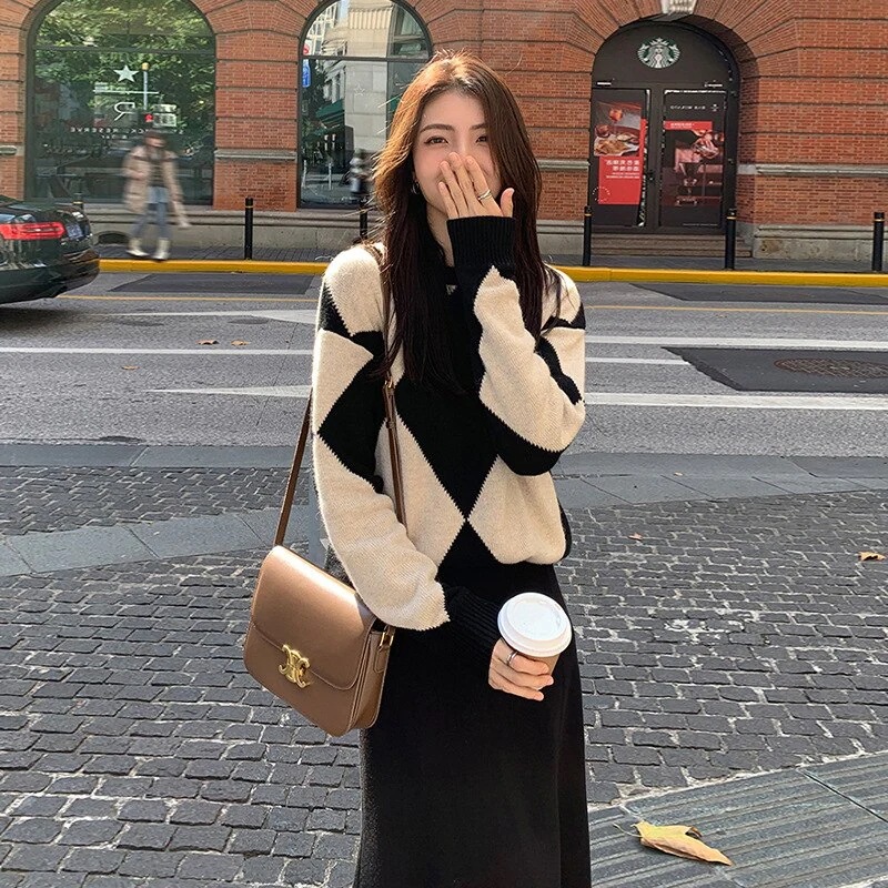 ２点セットコントラストカラーワンピース服レディースセットアップ上下二点韓国ファッションニットセータープリーツスカート 母の日