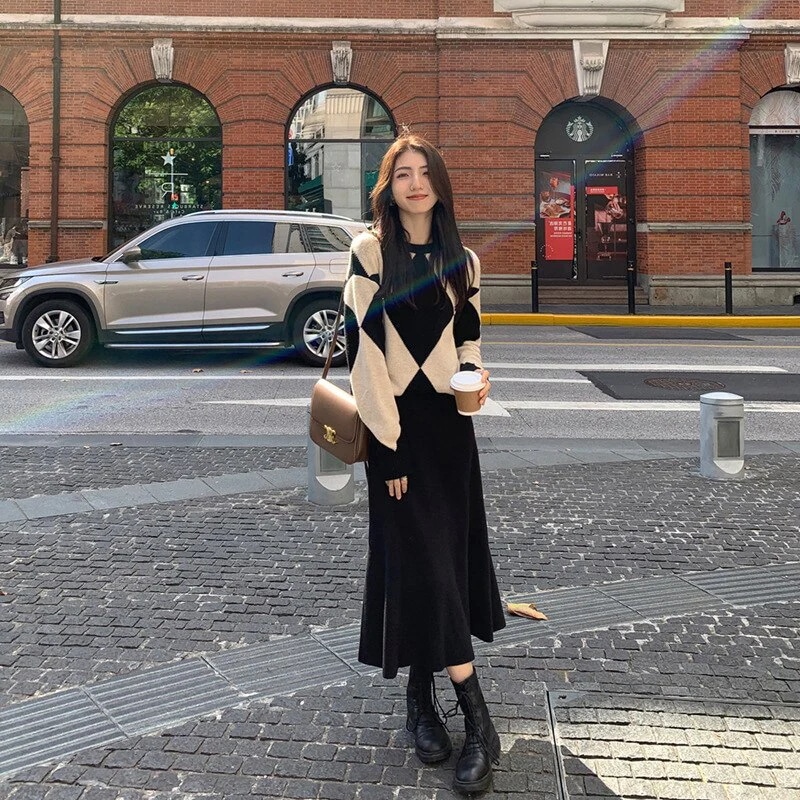２点セットコントラストカラーワンピース服レディースセットアップ上下二点韓国ファッションニットセータープリーツスカート 母の日