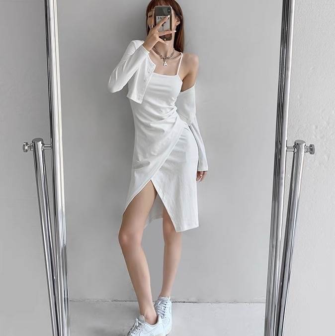 2点セット トップス ワンピース カーディガン レディース 羽織 前開き 膝丈 アシンメトリー 袖なし 2点セット トップス ワンピース カーディガン レディース 羽織 前開き 膝丈 アシンメトリー 袖なし