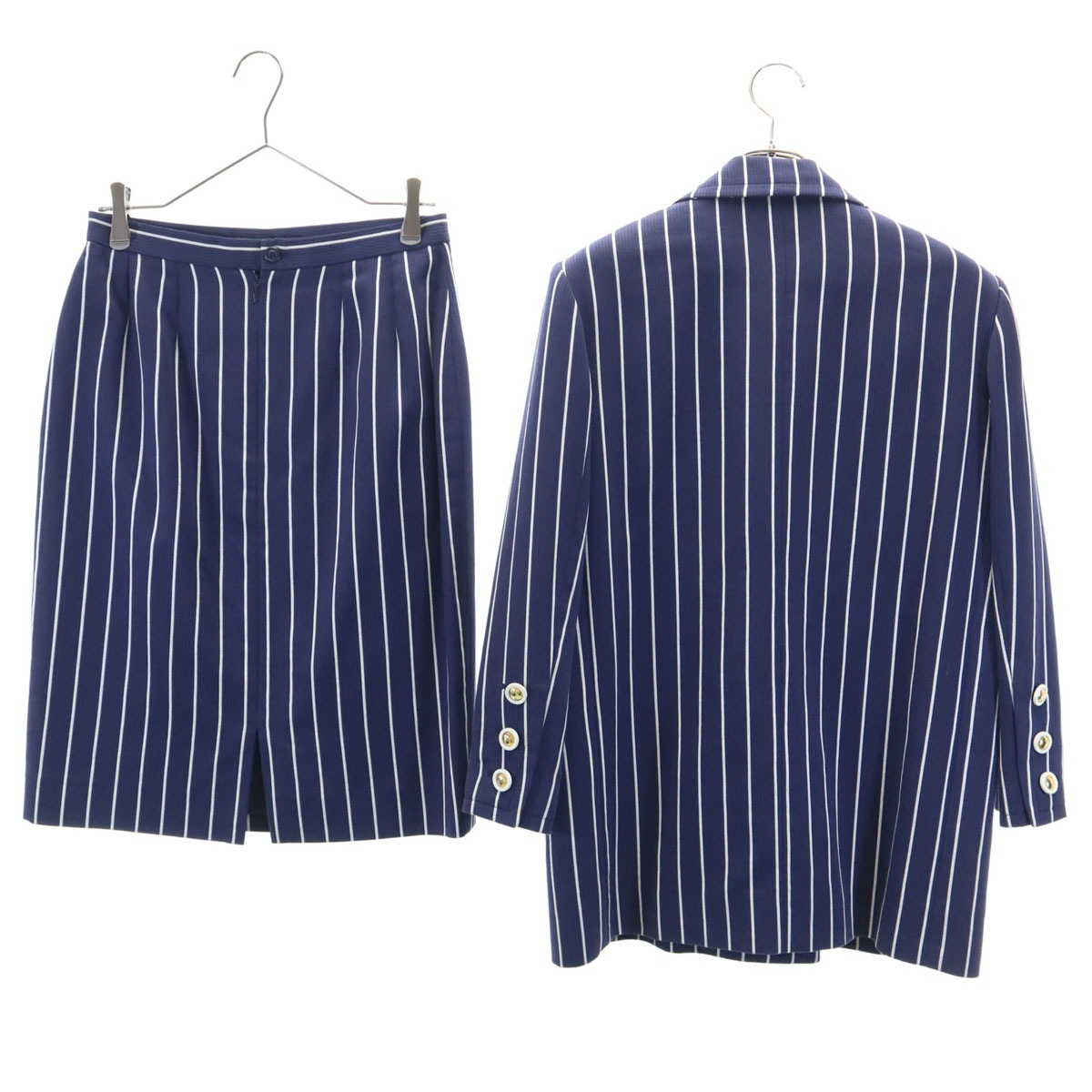 90s フランス製 オールド ストライプ柄 テーラードジャケット 上下セットアップ 42 ブルー レディース 古着