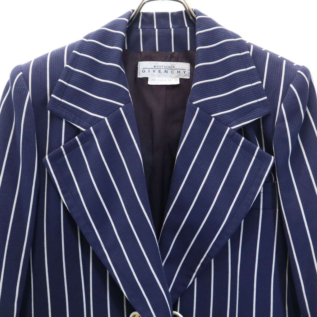 90s フランス製 オールド ストライプ柄 テーラードジャケット 上下セットアップ 42 ブルー レディース 古着