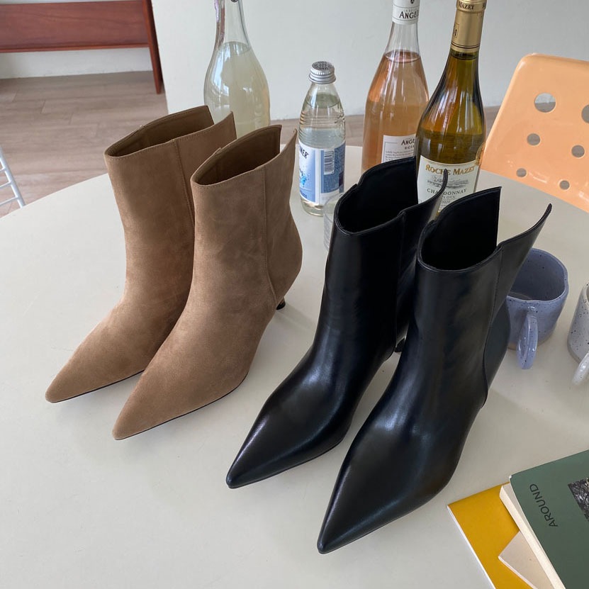 2color ユニークなバックスリットディテール シンプル, ベーシックな雰囲気の ポインテッドトゥ 6cmヒール ショートブーツ 2color ユニークなバックスリットディテール シンプル, ベーシックな雰囲気の ポインテッドトゥ 6cmヒール ショートブーツ