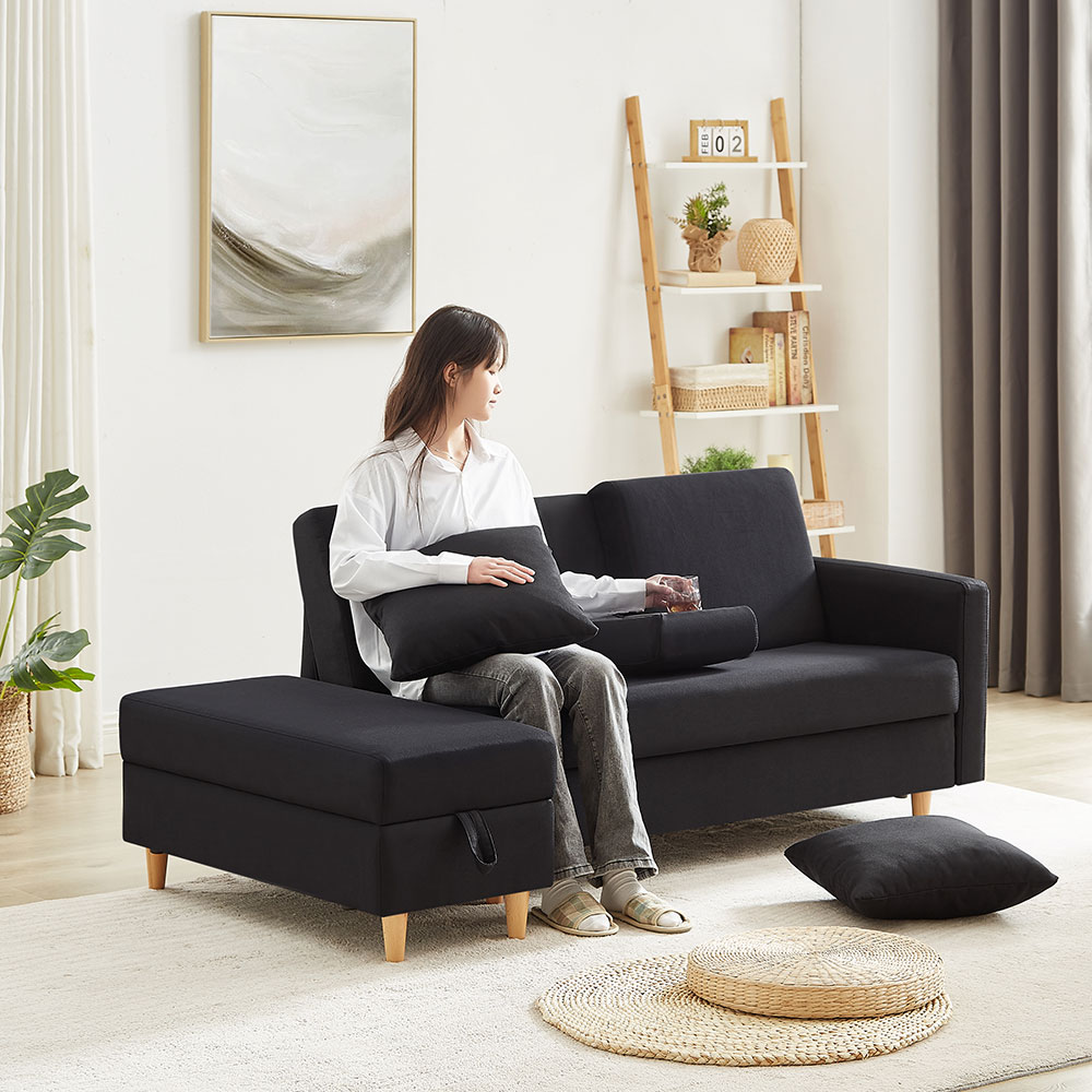 ソファ　ソファーベッド　カウチソファ　3人掛け　オットマン付き　多機能ソファ　左右側とも取り付けるアームレスト　たくさん収納　レイアウト自由　クッション2個